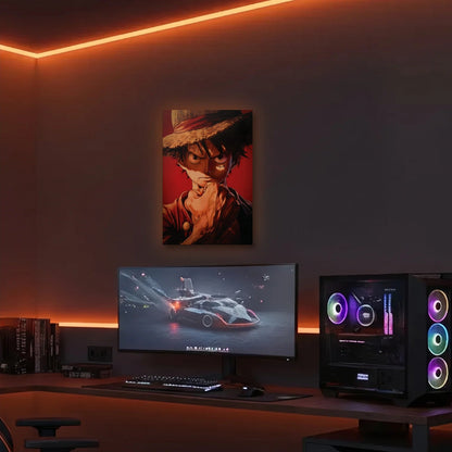Anime Art acrylic wall art in an orange LED gaming room