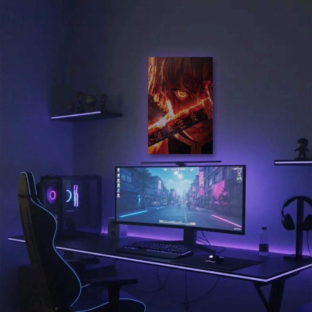 Anime Art acrylic wall art in a purple gaming setup
