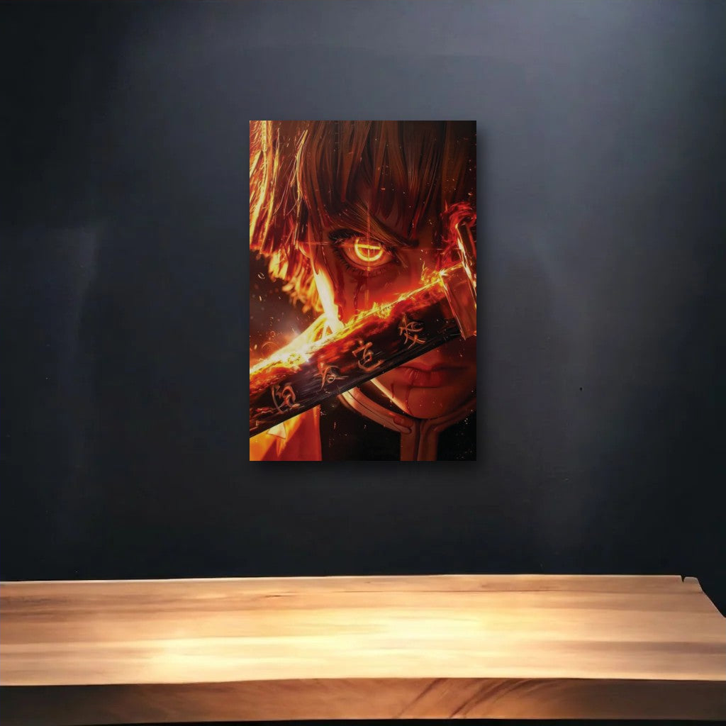 Anime Art glossy acrylic art above a wooden shelf