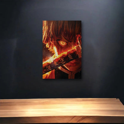Anime Art glossy acrylic art above a wooden shelf