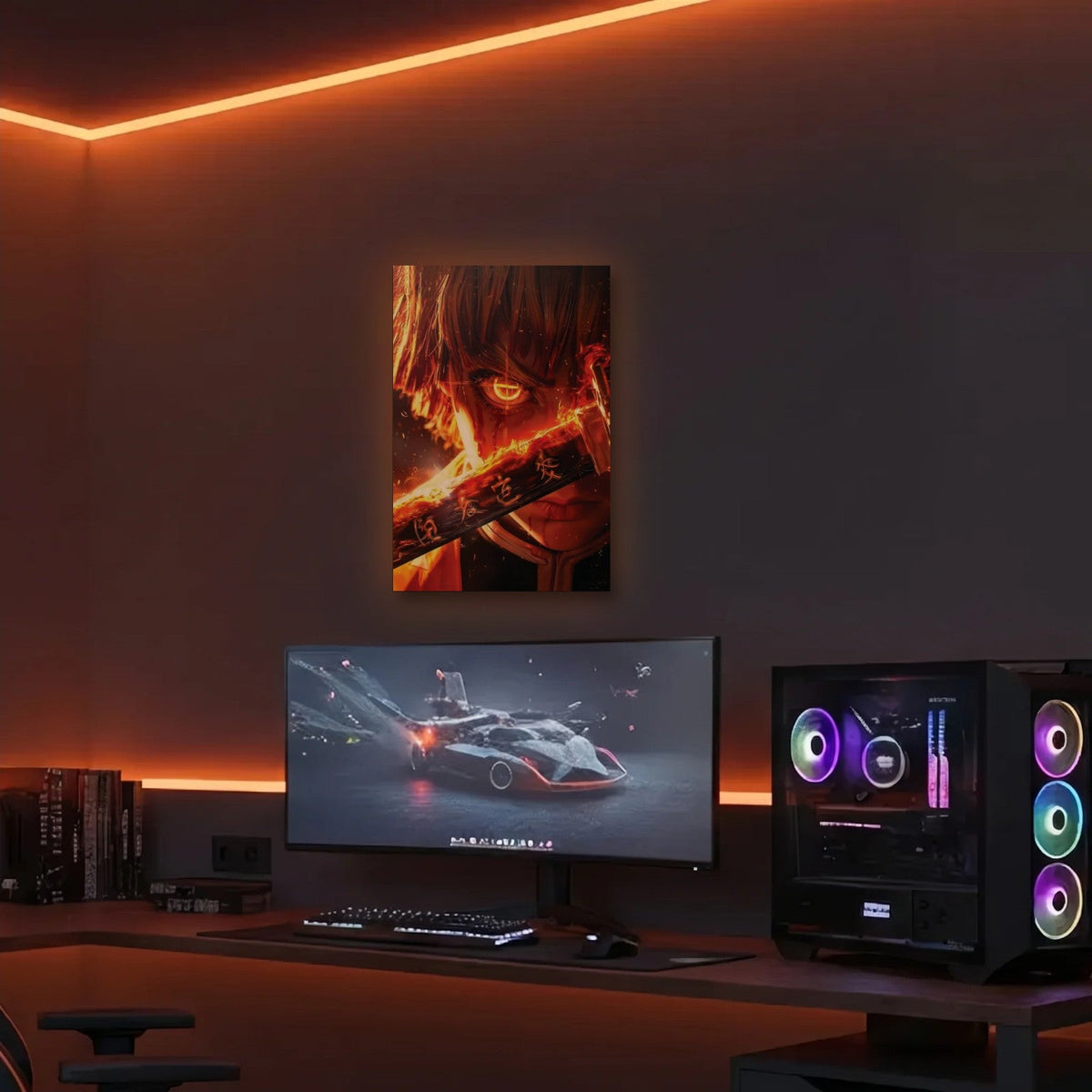 Anime Art acrylic wall art in an orange LED gaming room