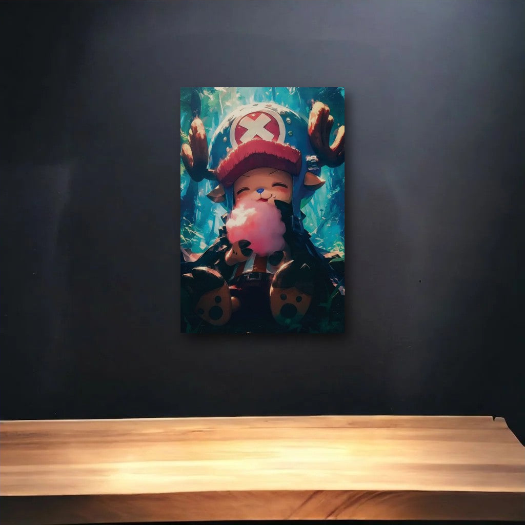Anime Art glossy acrylic art above a wooden shelf