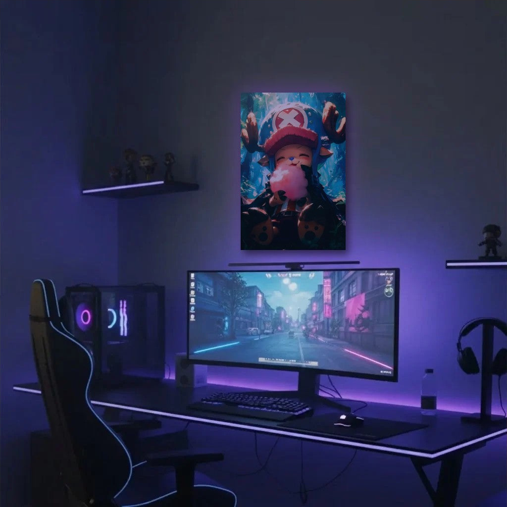 Anime Art acrylic wall art in a purple gaming setup