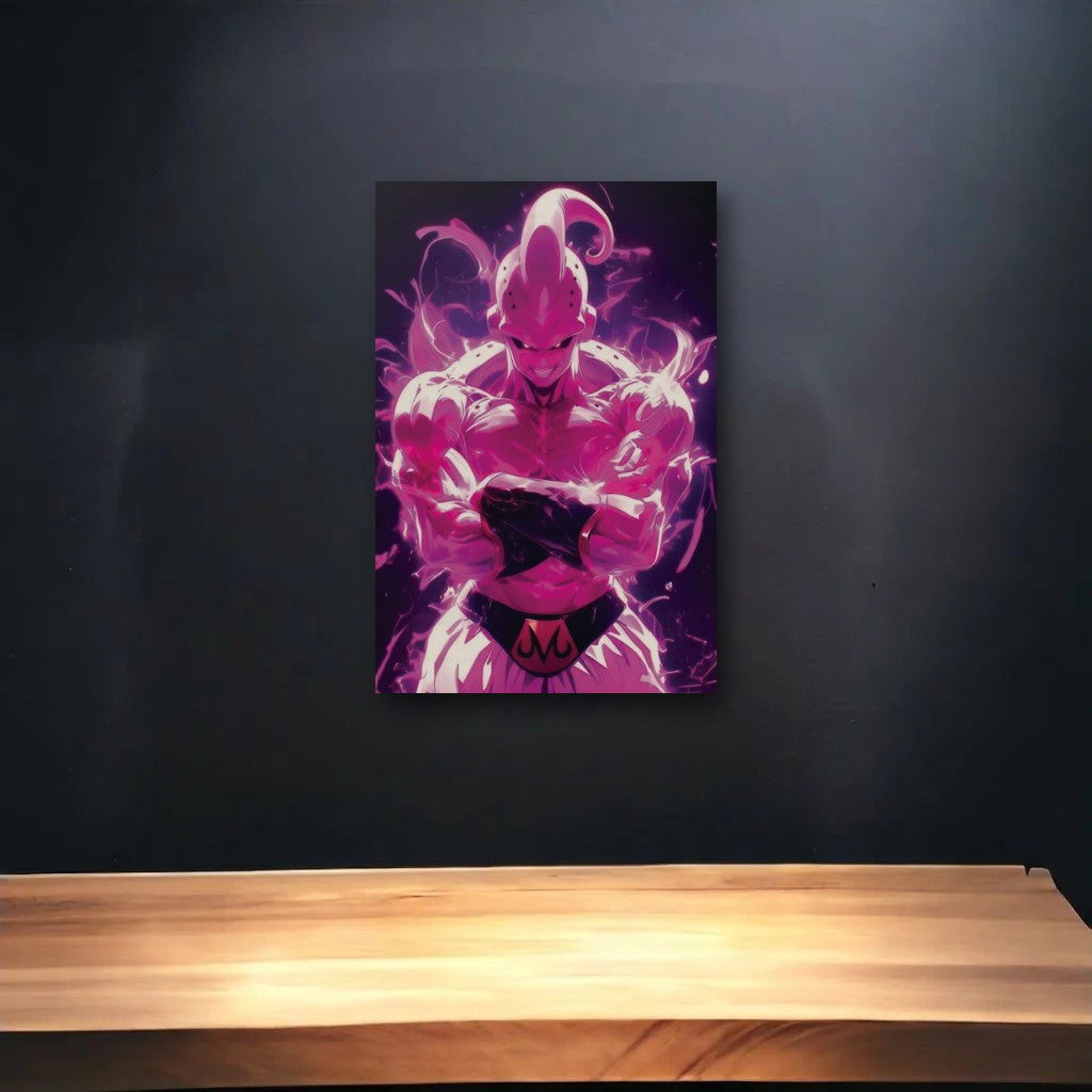 Anime Art glossy acrylic art above a wooden shelf
