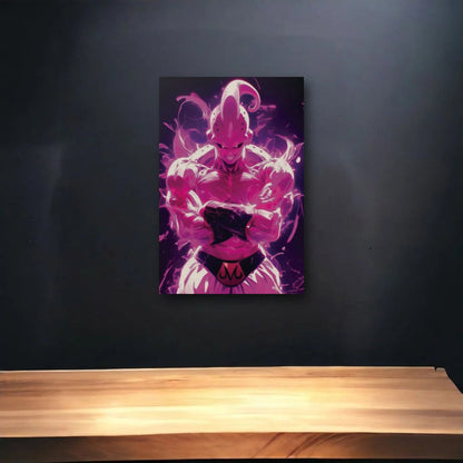 Anime Art glossy acrylic art above a wooden shelf