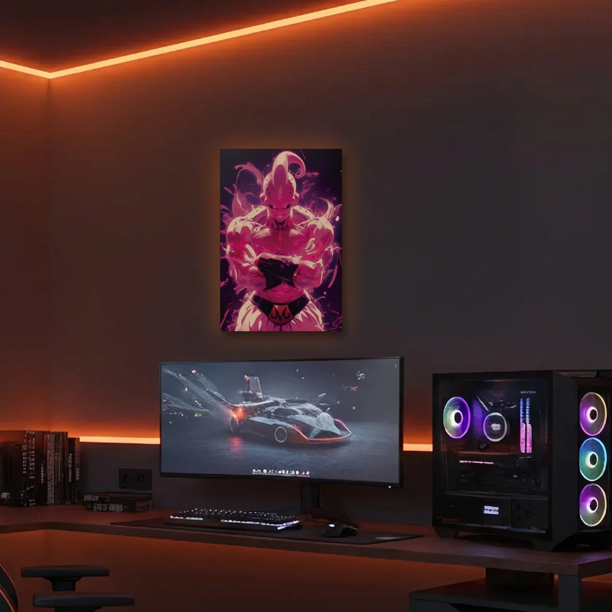 Anime Art acrylic wall art in an orange LED gaming room