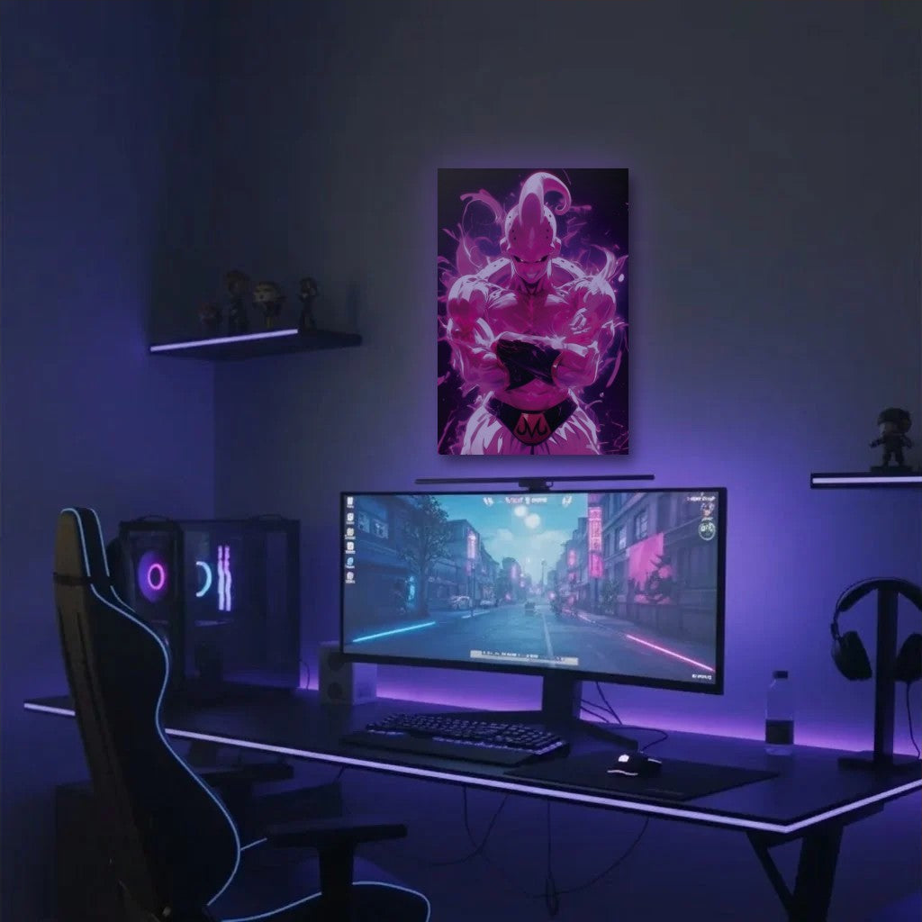 Anime Art acrylic wall art in a purple gaming setup
