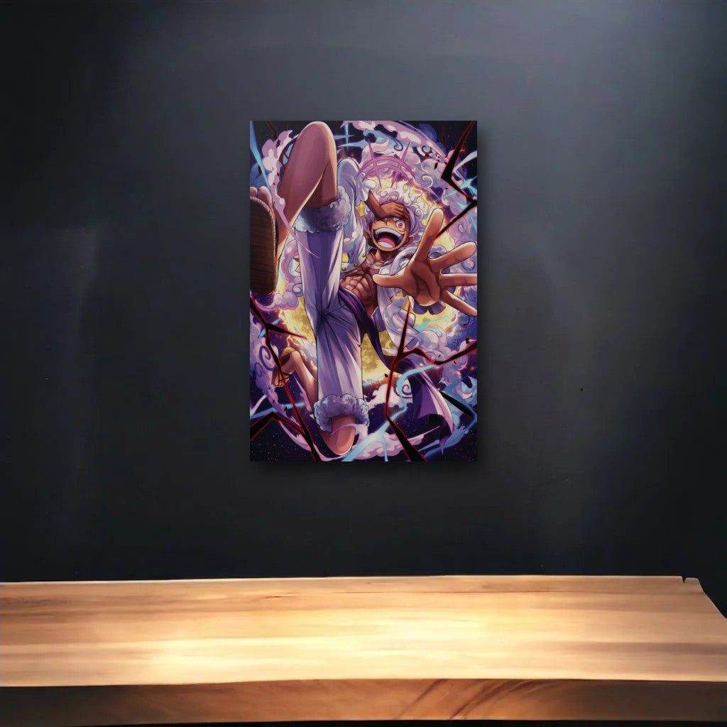 Anime Art glossy acrylic art above a wooden shelf