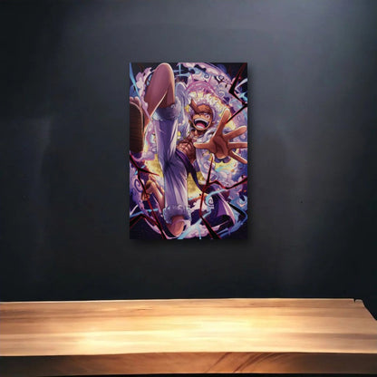 Anime Art glossy acrylic art above a wooden shelf