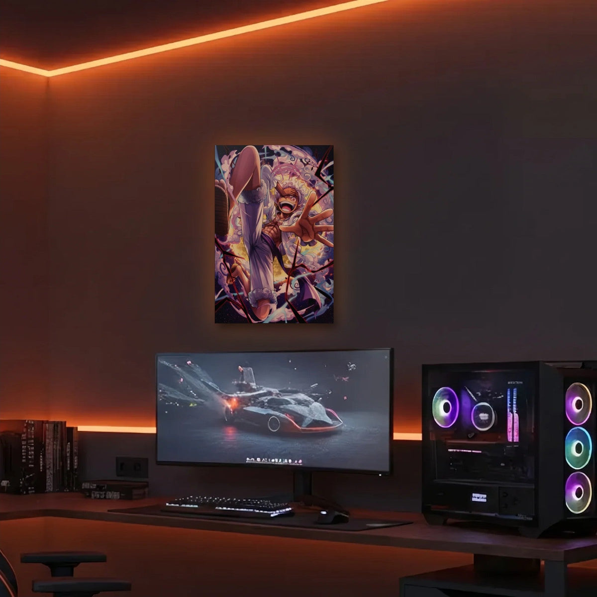 Anime Art acrylic wall art in an orange LED gaming room