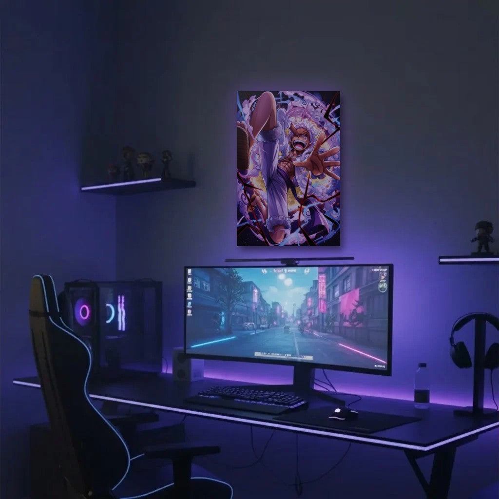 Anime Art acrylic wall art in a purple gaming setup