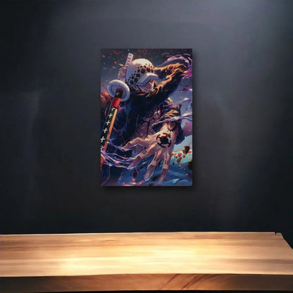 Anime Art glossy acrylic art above a wooden shelf