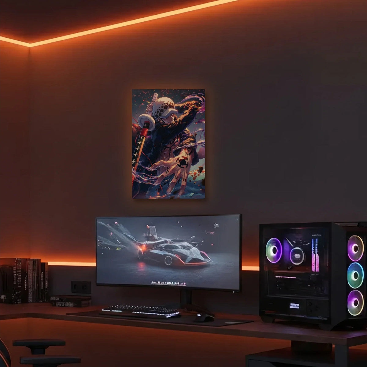 Anime Art acrylic wall art in an orange LED gaming room