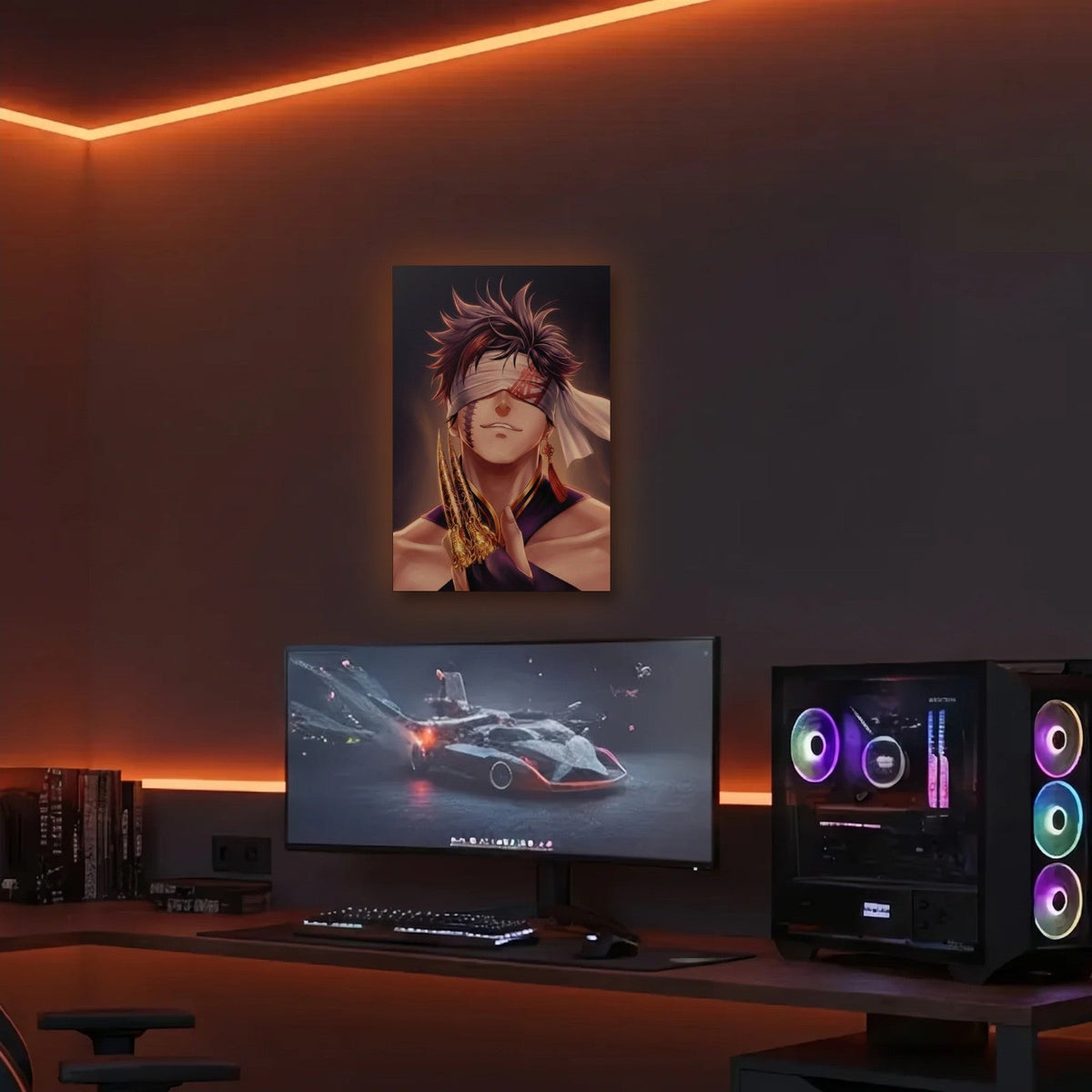Anime Art acrylic wall art in an orange LED gaming room