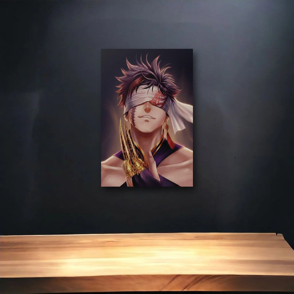 Anime Art glossy acrylic art above a wooden shelf