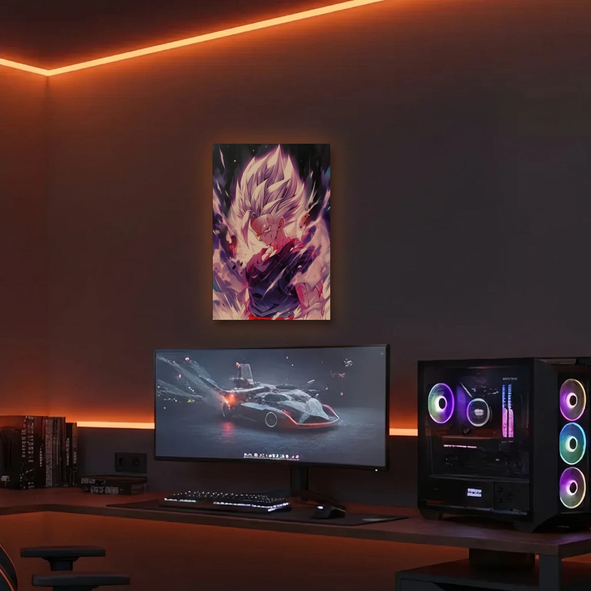 Anime Art acrylic wall art in an orange LED gaming room
