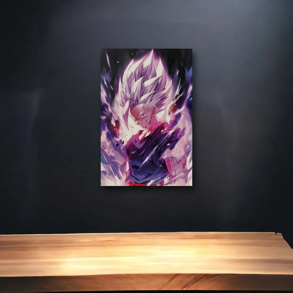 Anime Art glossy acrylic art above a wooden shelf