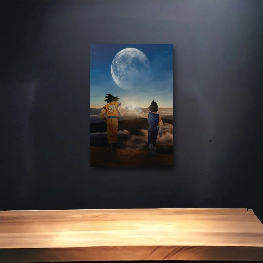 Anime Art glossy acrylic art above a wooden shelf