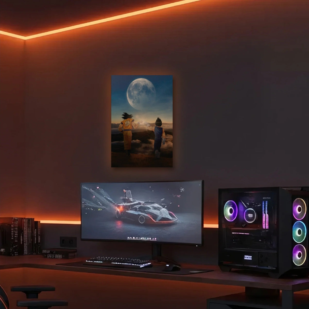 Anime Art acrylic wall art in an orange LED gaming room