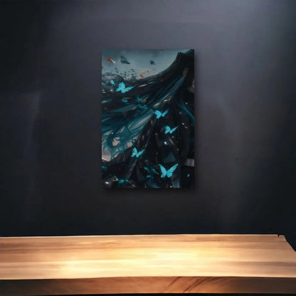 Anime Art glossy acrylic art above a wooden shelf