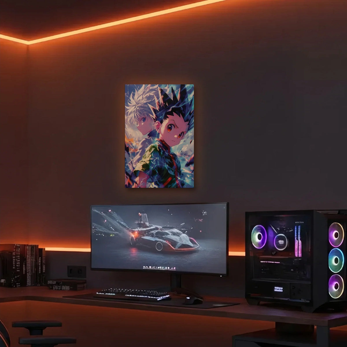 Anime Art acrylic wall art in an orange LED gaming room