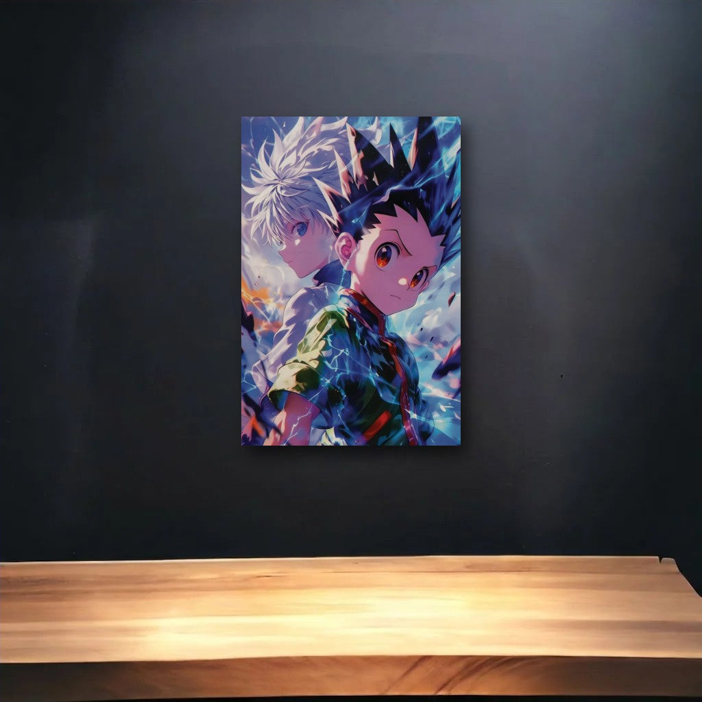 Anime Art glossy acrylic art above a wooden shelf