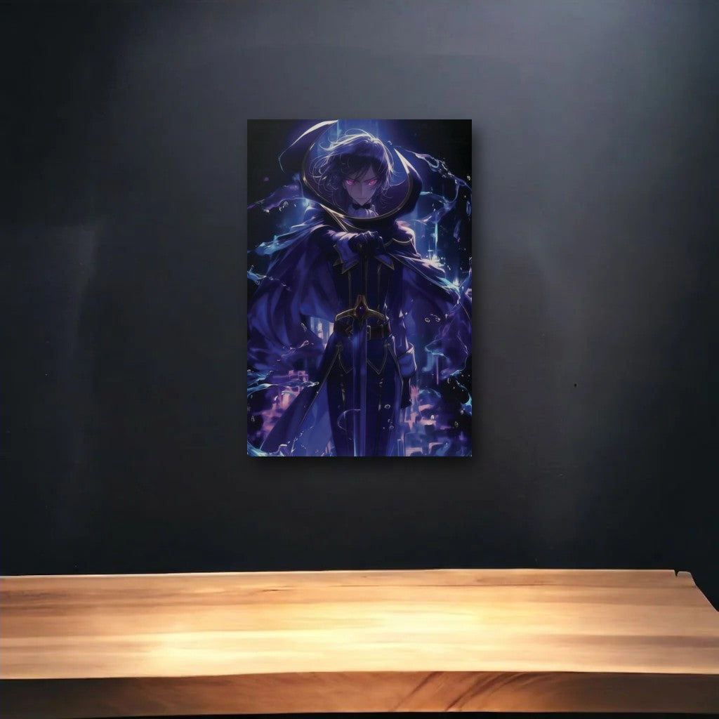 Anime Art glossy acrylic art above a wooden shelf