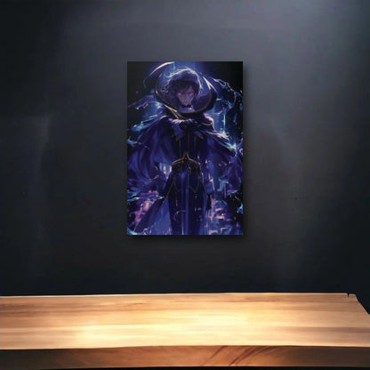 Anime Art glossy acrylic art above a wooden shelf