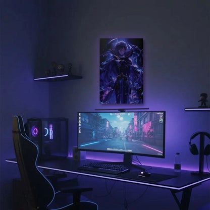 Anime Art acrylic wall art in a purple gaming setup