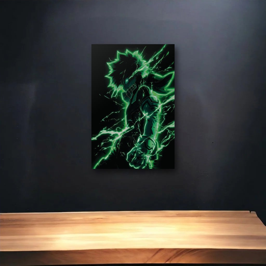 Anime Art glossy acrylic art above a wooden shelf