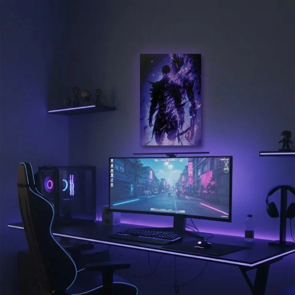 Anime Art acrylic wall art in a purple gaming setup