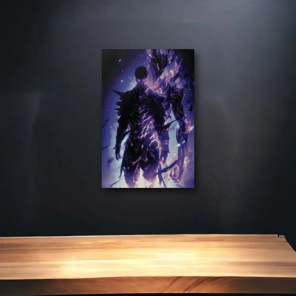 Anime Art glossy acrylic art above a wooden shelf