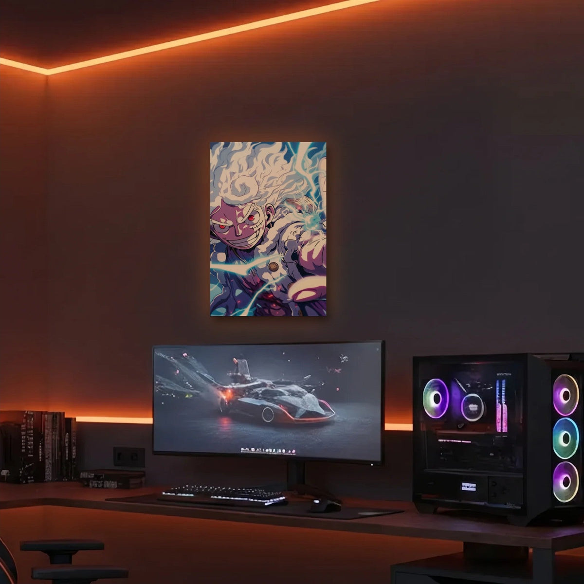 Anime Art acrylic wall art in an orange LED gaming room