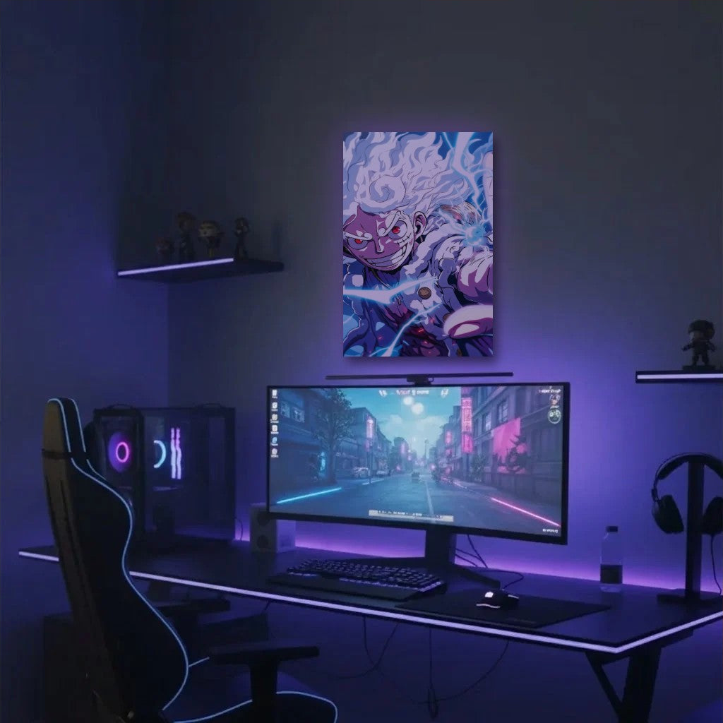 Anime Art acrylic wall art in a purple gaming setup