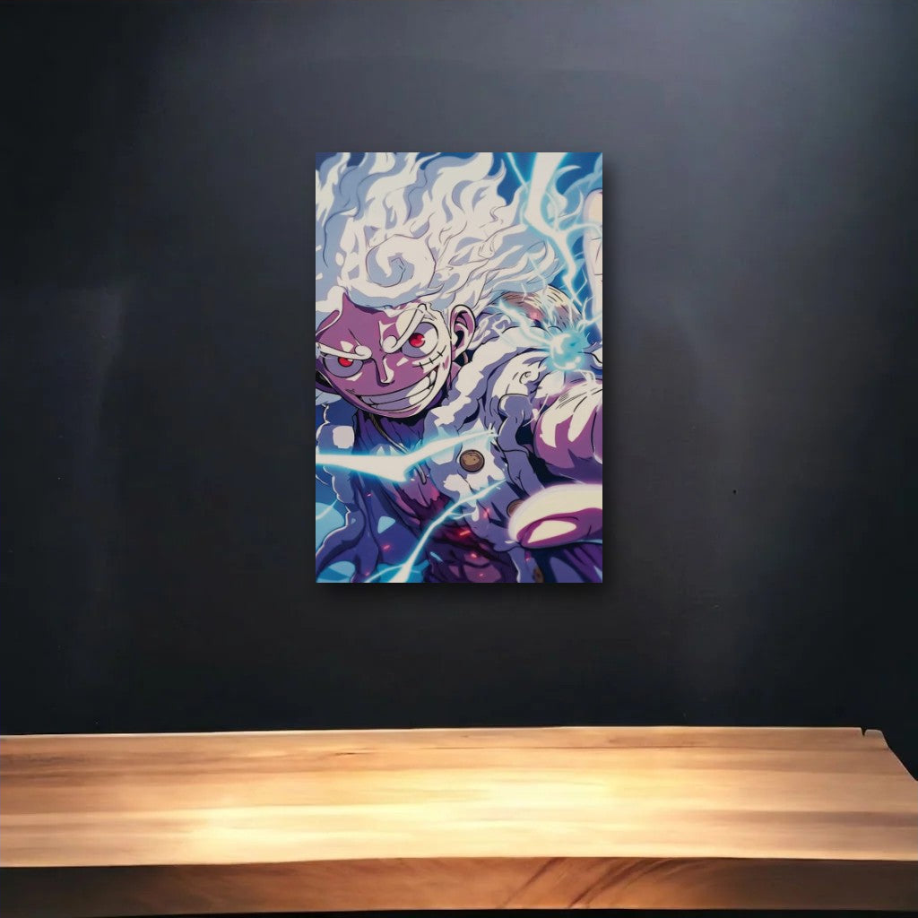 Anime Art glossy acrylic art above a wooden shelf