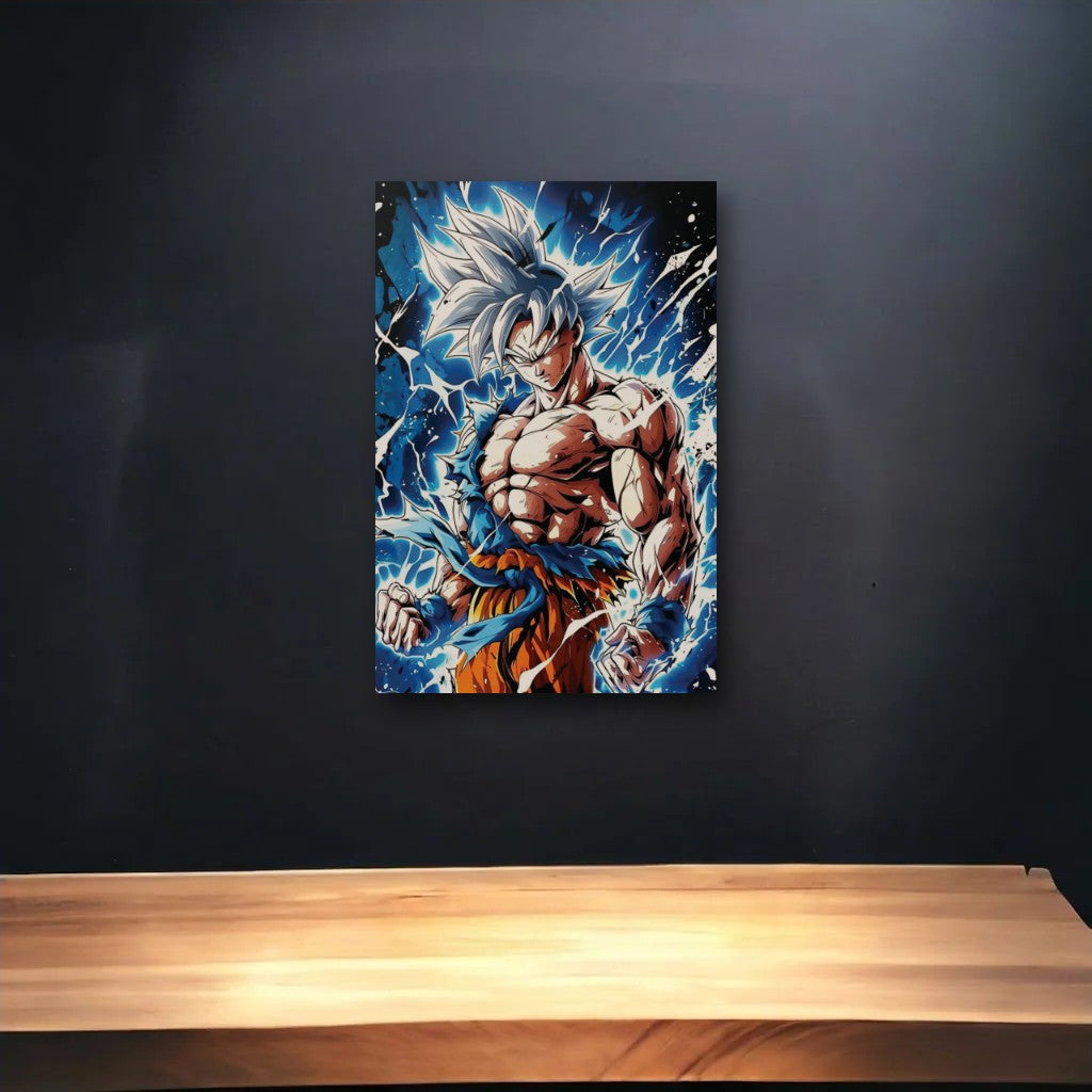 Anime Art glossy acrylic art above a wooden shelf