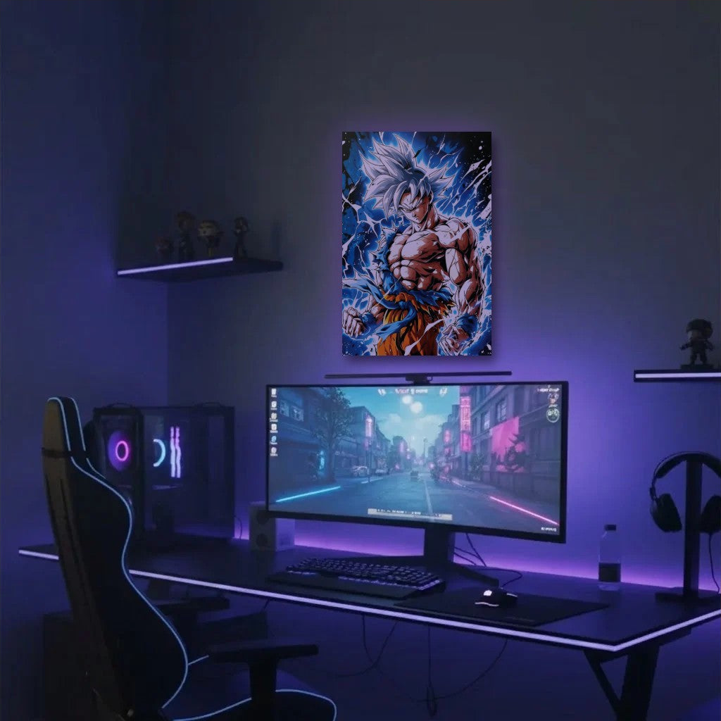 Anime Art acrylic wall art in a purple gaming setup