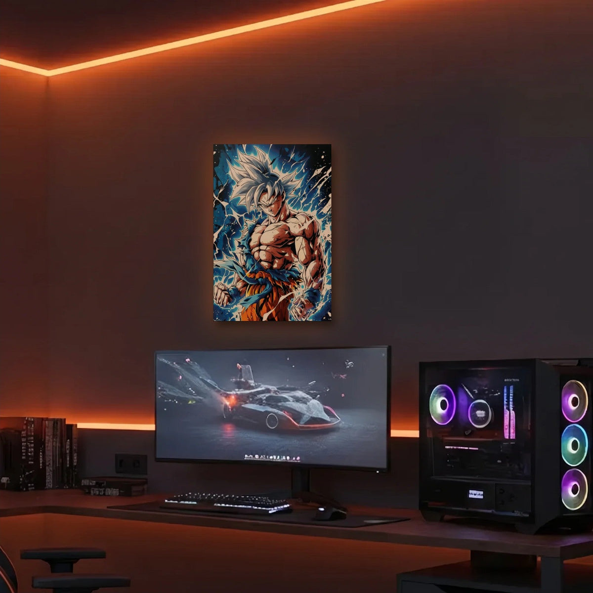 Anime Art acrylic wall art in an orange LED gaming room