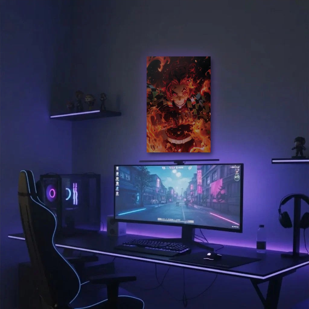 Anime Art acrylic wall art in a purple gaming setup