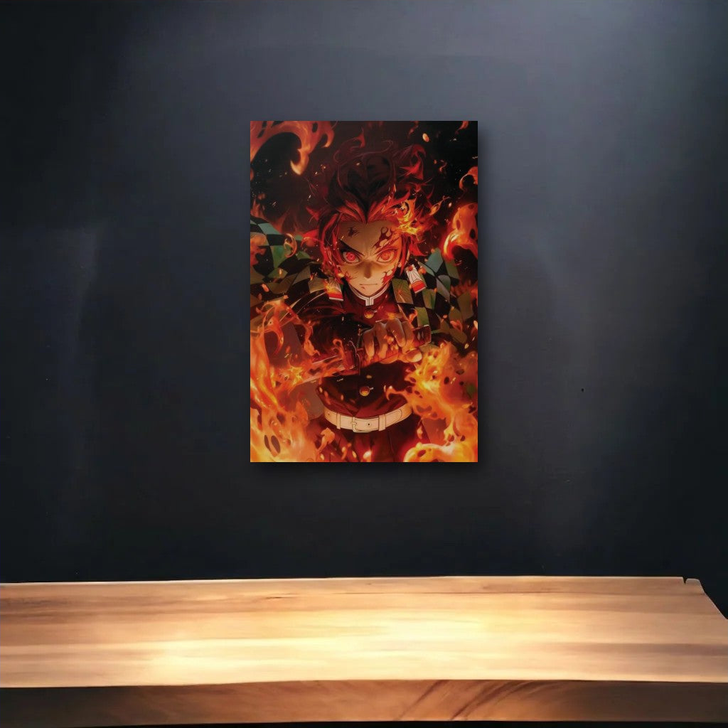 Anime Art glossy acrylic art above a wooden shelf