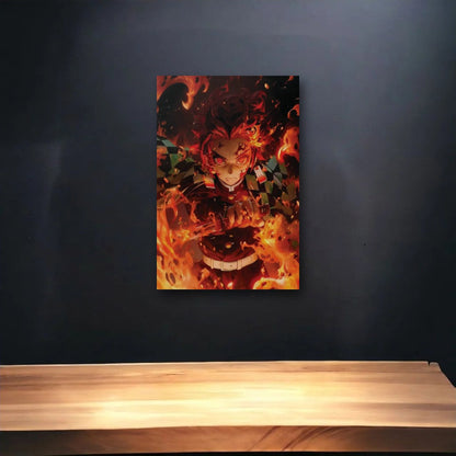 Anime Art glossy acrylic art above a wooden shelf