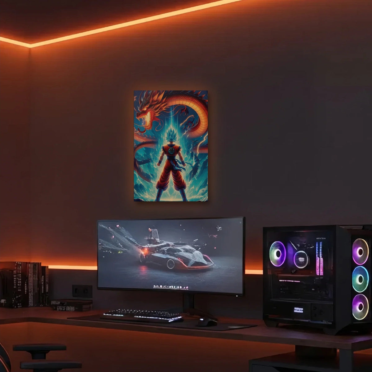 Anime Art acrylic wall art in an orange LED gaming room