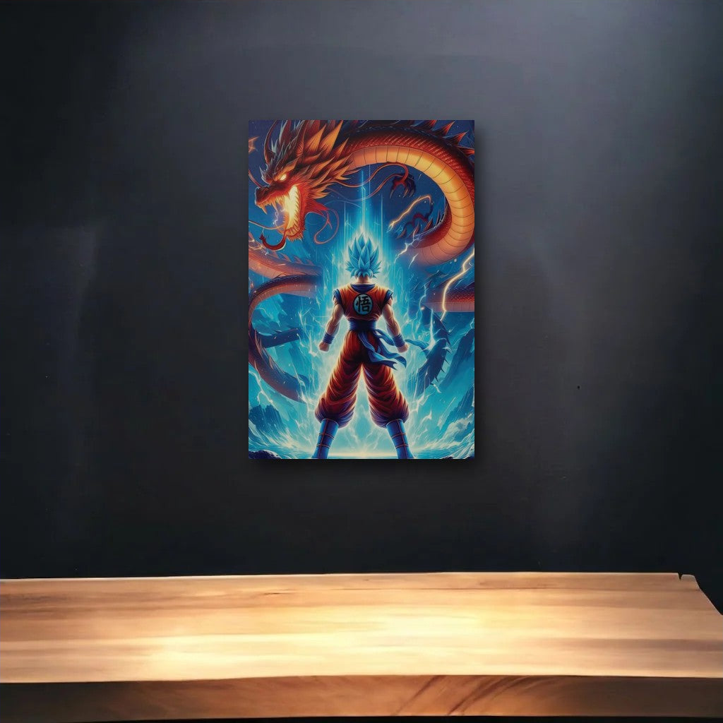 Anime Art glossy acrylic art above a wooden shelf