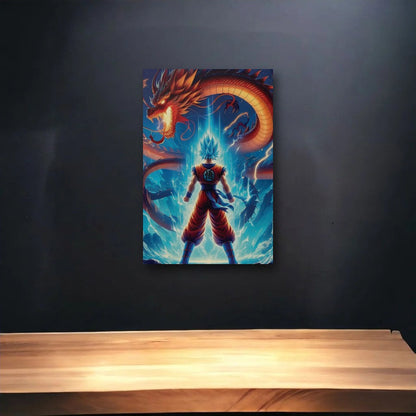 Anime Art glossy acrylic art above a wooden shelf