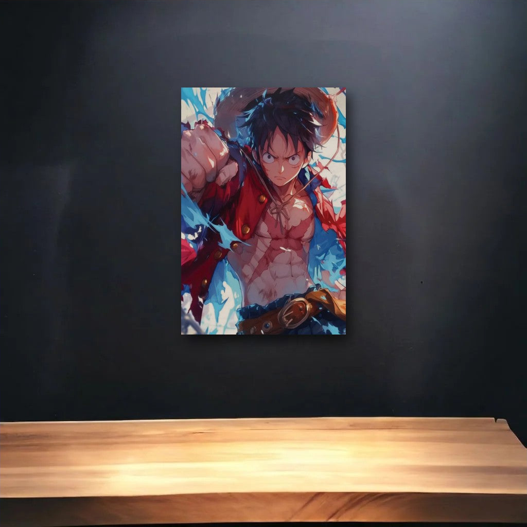 Anime Art glossy acrylic art above a wooden shelf
