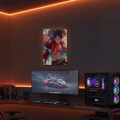 Anime Art acrylic wall art in an orange LED gaming room