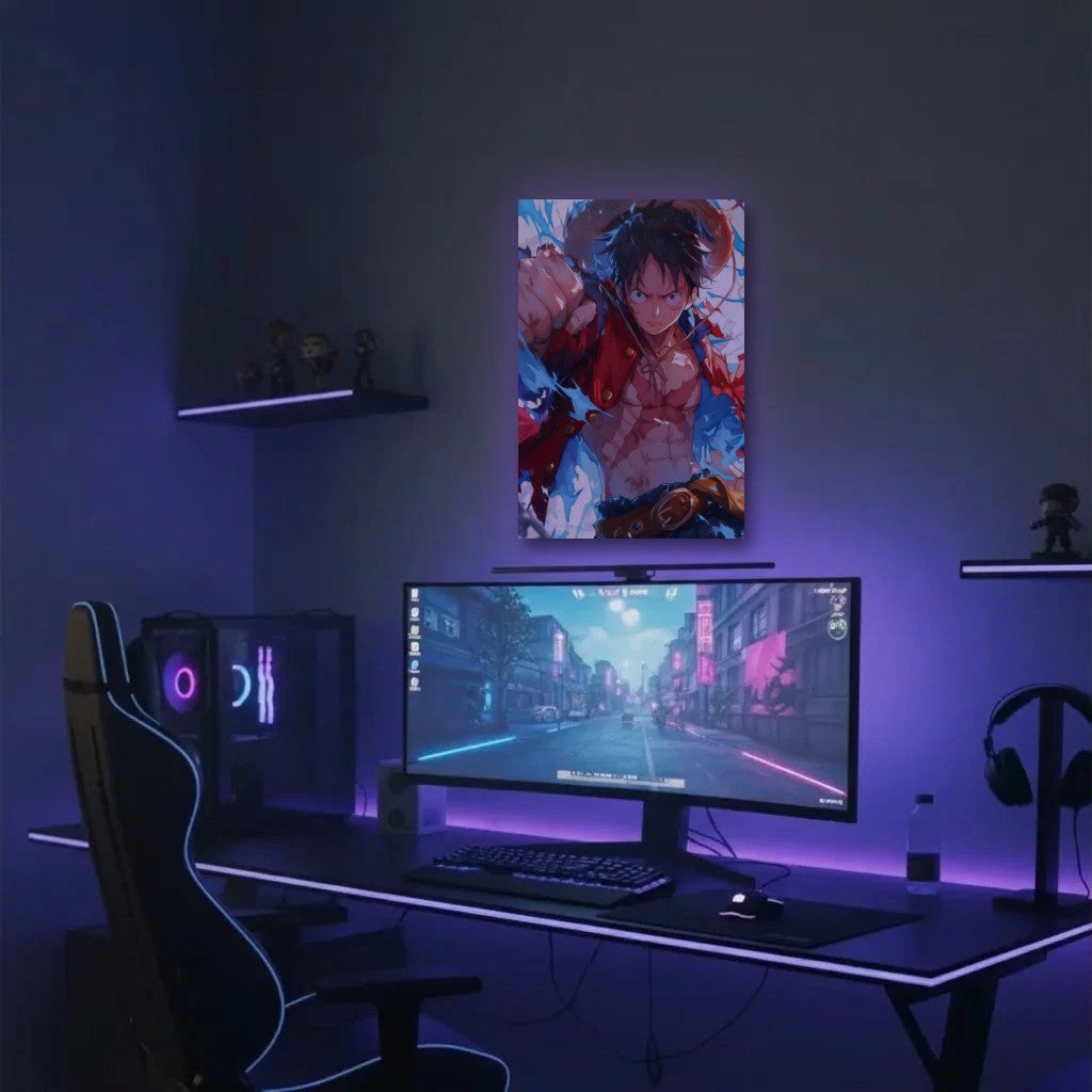 Anime Art acrylic wall art in a purple gaming setup
