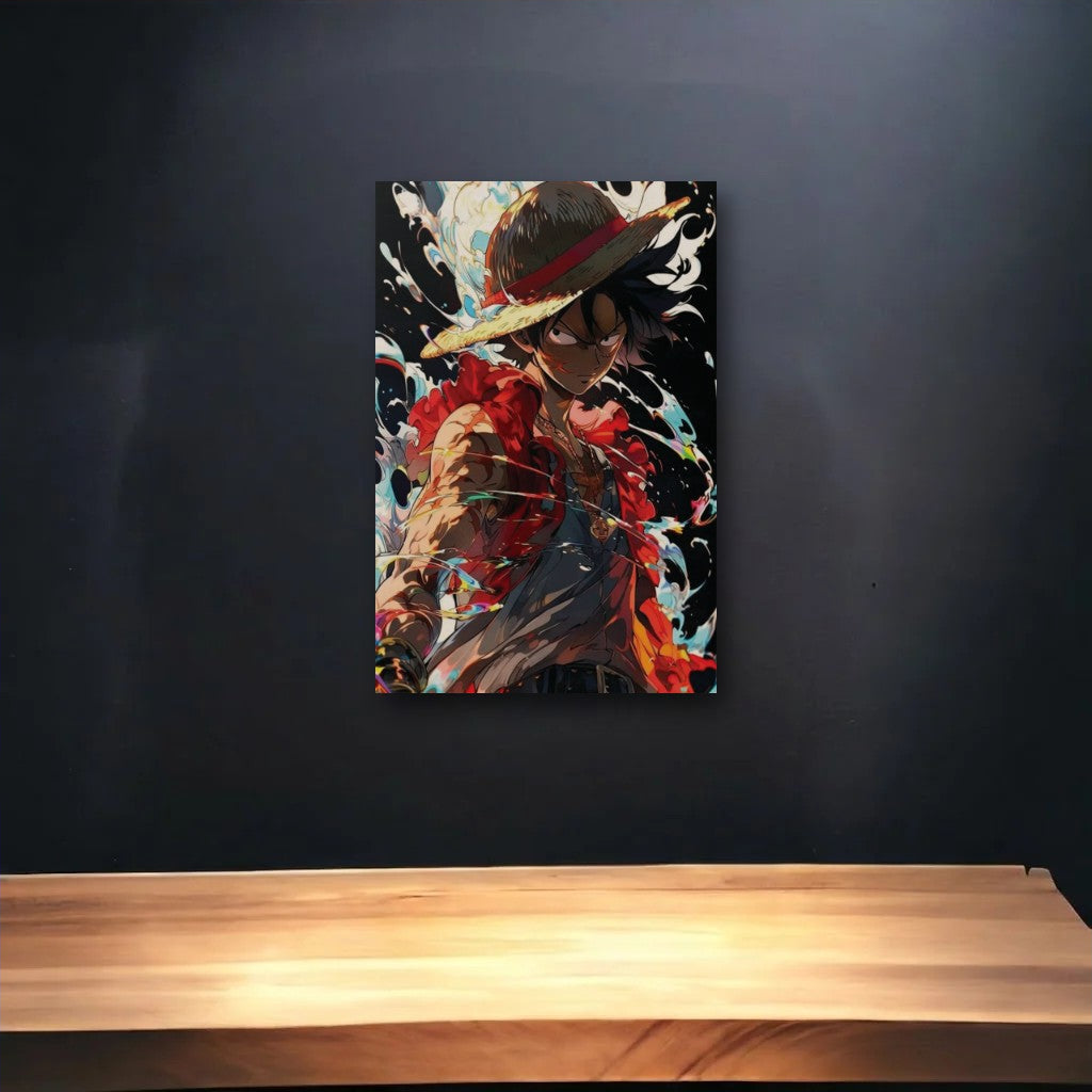 Anime Art glossy acrylic art above a wooden shelf