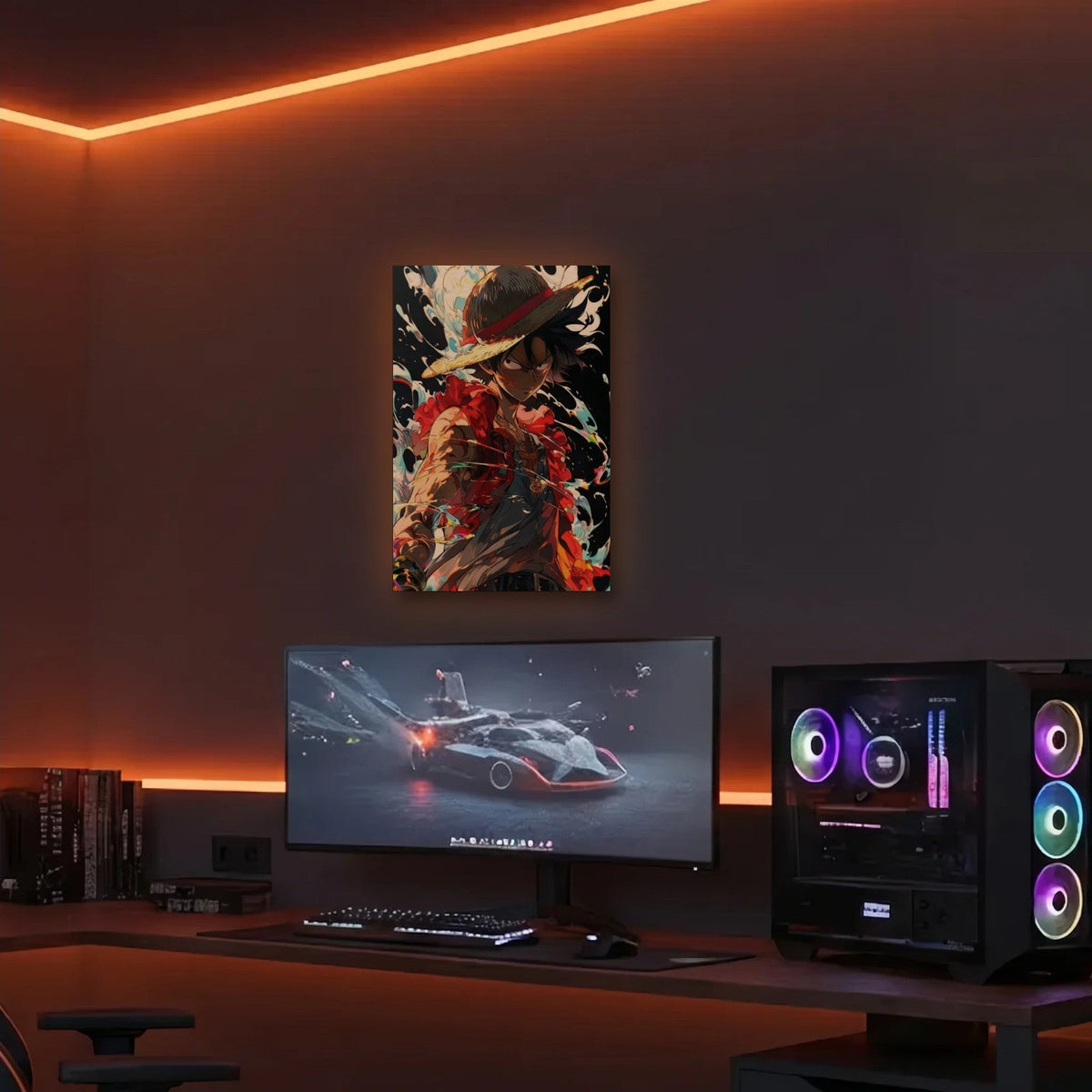 Anime Art acrylic wall art in an orange LED gaming room