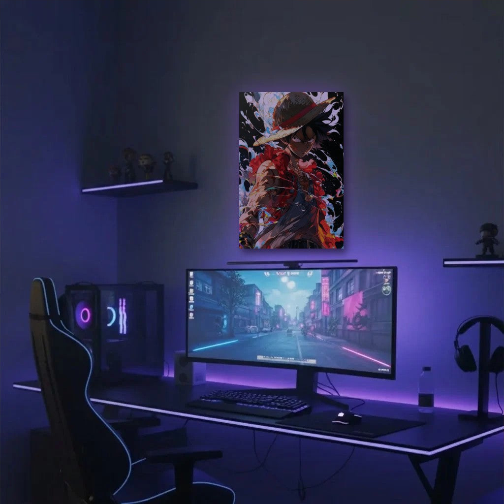 Anime Art acrylic wall art in a purple gaming setup